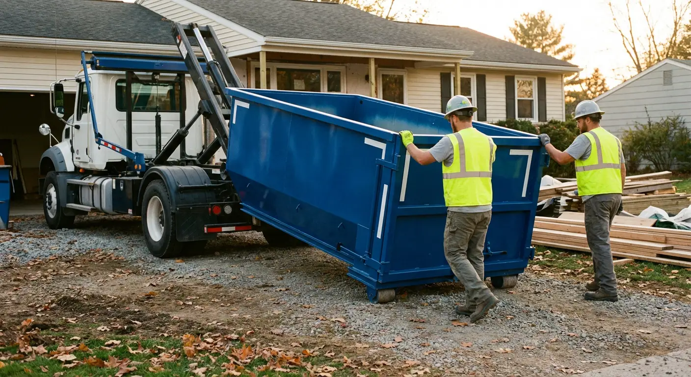 Construction dumpster delivery truck in action in Hollywood, FL