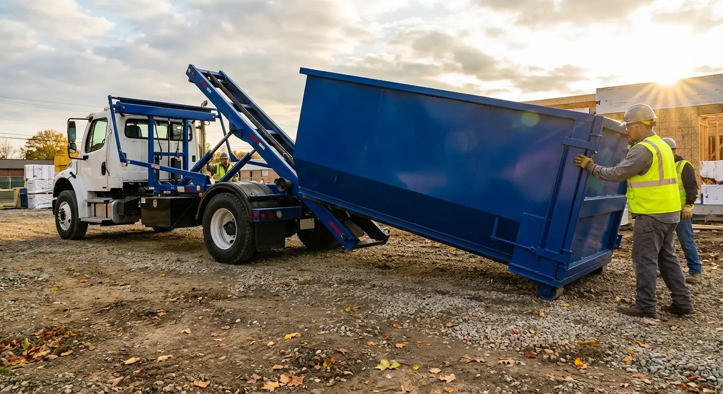 Construction dumpster delivery truck at job site in Hollywood, FL