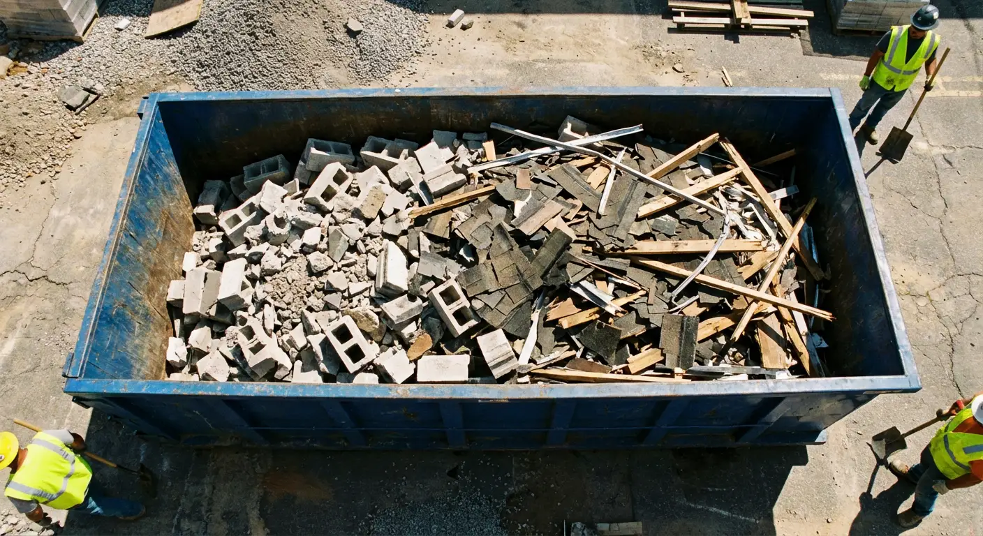 Roll-off dumpster loaded with construction debris in Hollywood, FL