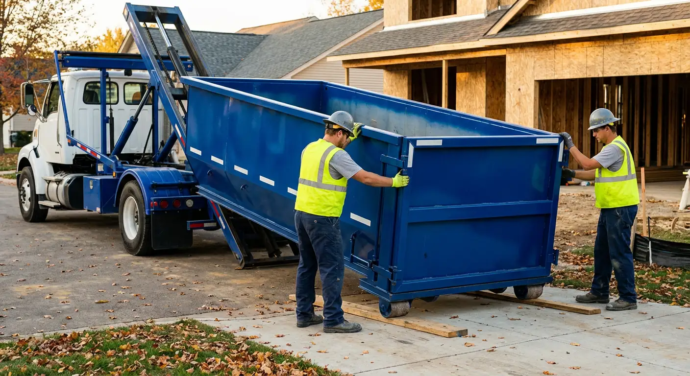 Roll-off dumpster delivery truck in residential area in Hollywood, FL