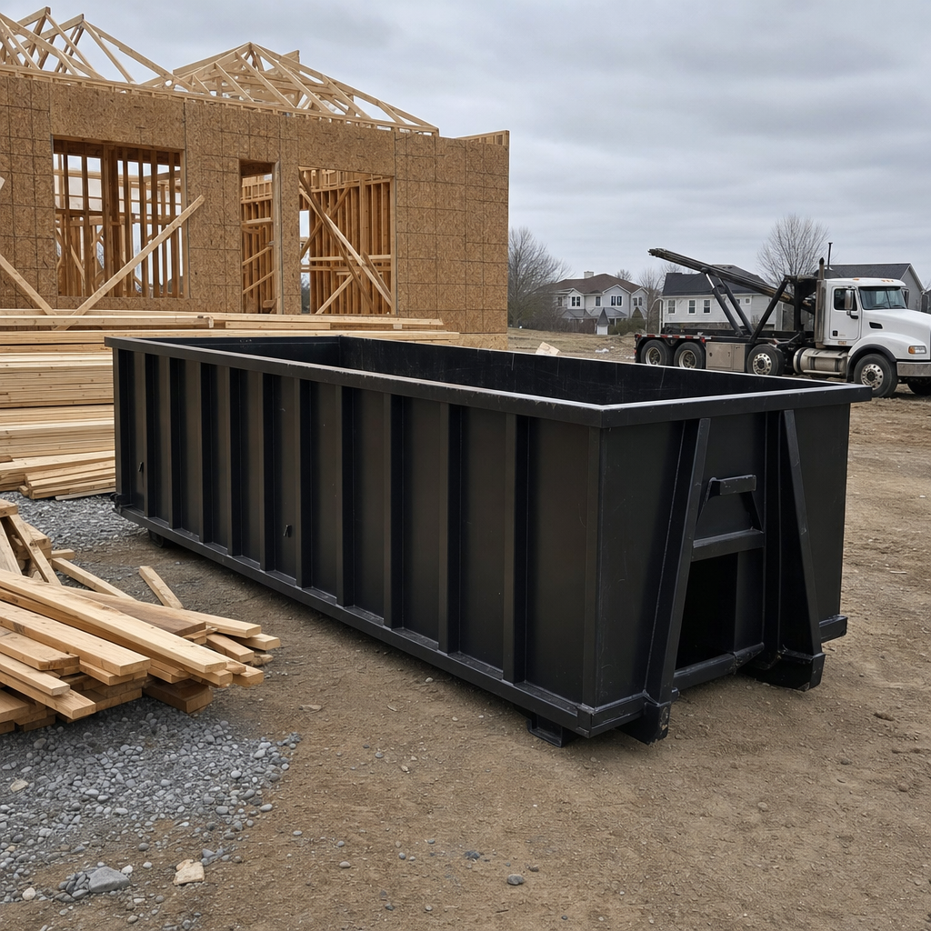 Matte-black 40-yard roll-off dumpster staged on a framed-out residential construction site in Hollywood, framing lumber stacked nearby, hooklift delivery truck visible in the background under bright Colorado daylight