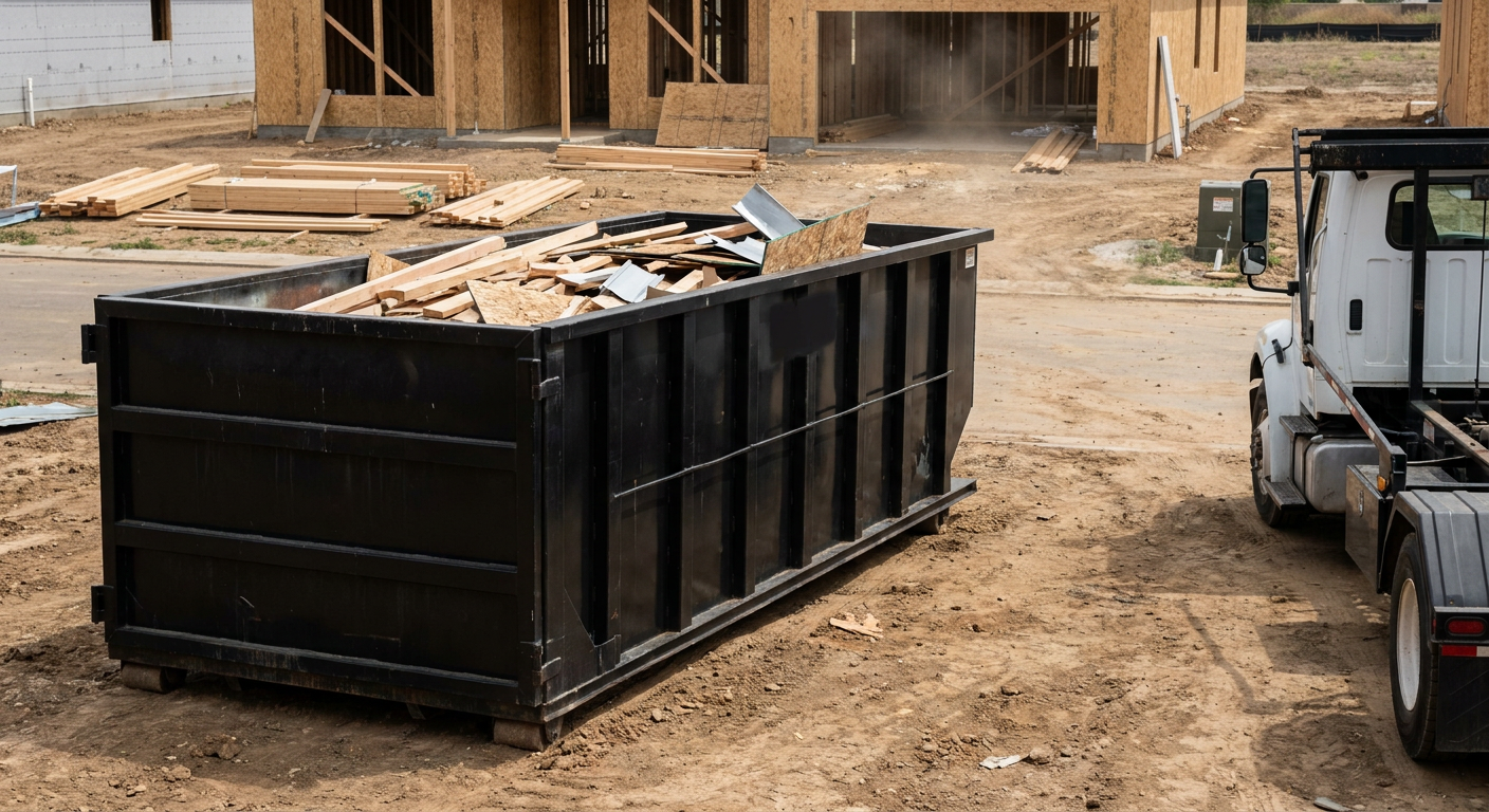 Matte-black 20-yard roll-off construction dumpster with heavy ribbed steel sidewalls and swing rear doors at a working jobsite in Hollywood, sitting directly on compacted dirt with an unmarked white hauler partially visible at the far edge of the frame.