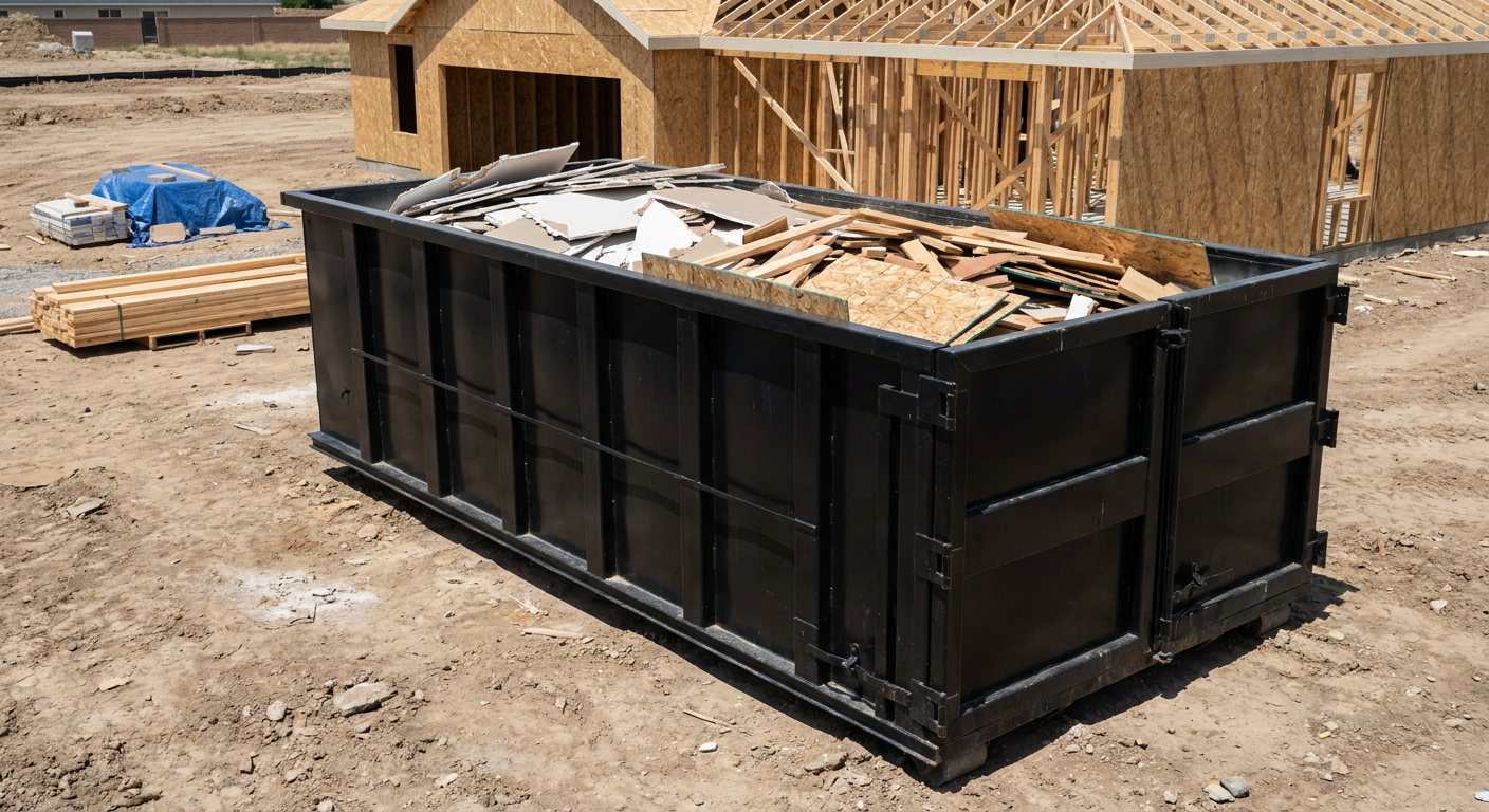 Matte-black 30-yard roll-off construction dumpster sitting directly on the compacted-dirt site of a framed single-family home build in Hollywood, drywall and lumber scrap loaded inside.