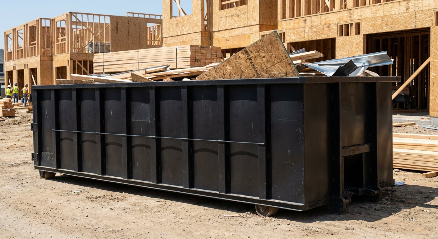 Matte-black 40-yard roll-off construction dumpster being lowered from a white-cab hooklift delivery truck onto the compacted-dirt jobsite at a commercial build site in Hollywood