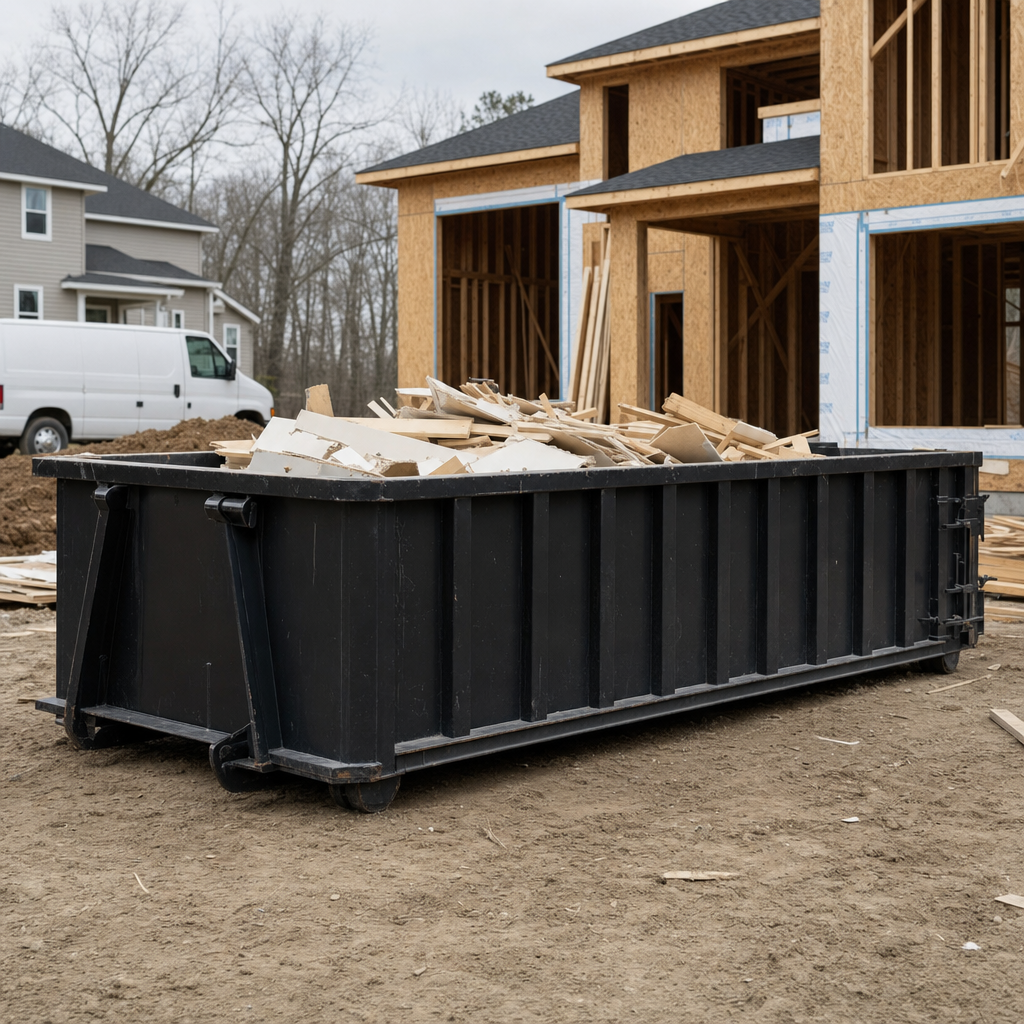 Worker in a yellow high-visibility vest tossing framing lumber and broken drywall into a matte-black 30-yard construction roll-off dumpster on an active build site in Hollywood, bright daylight