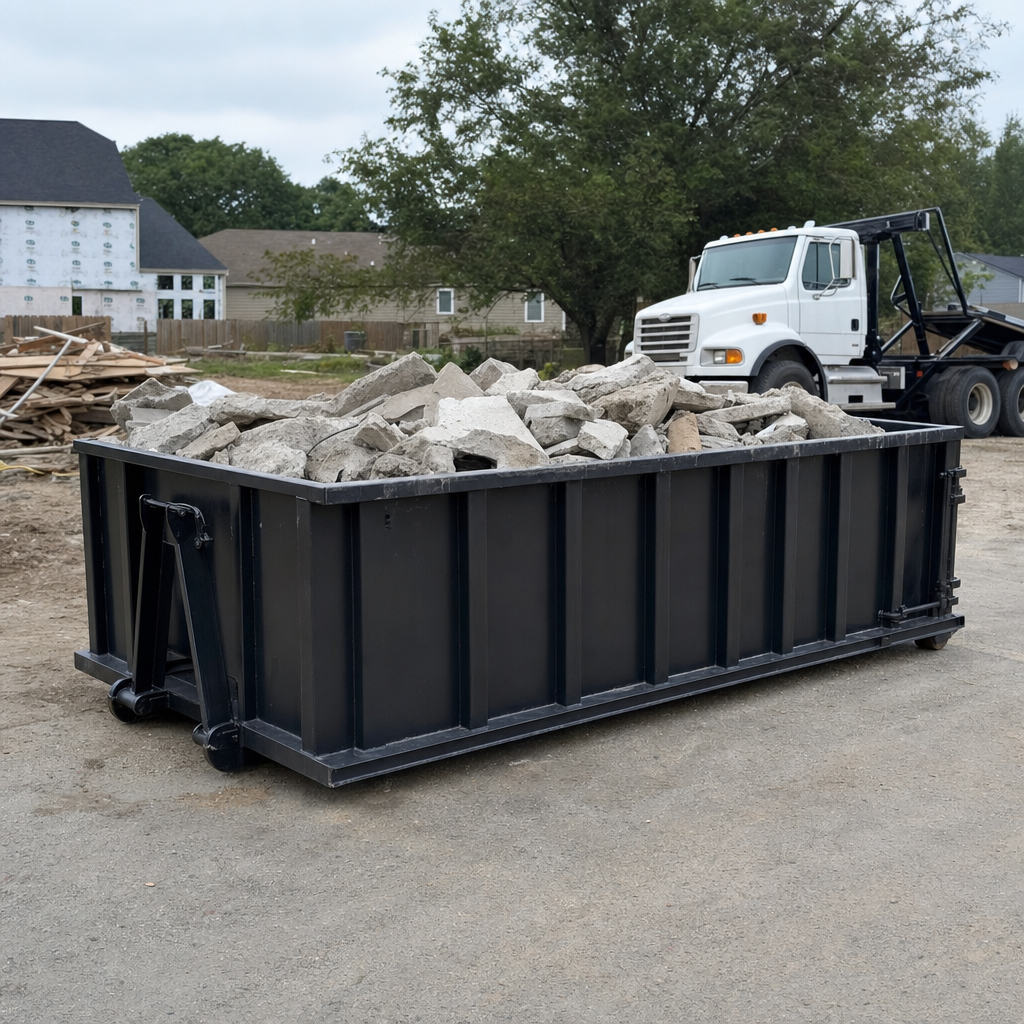 Low-profile matte-black lowboy roll-off dumpster loaded with broken concrete slab and rebar at a foundation tear-out in Hollywood, skid steer parked beside it, sunny Colorado morning