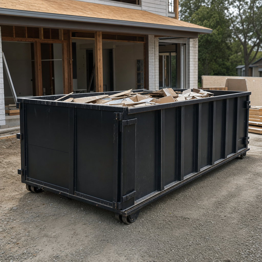 Large matte-black 30-yard construction roll-off dumpster at an active Hollywood jobsite, steel-gray top rails and bottom rollers visible, loaded with construction debris.