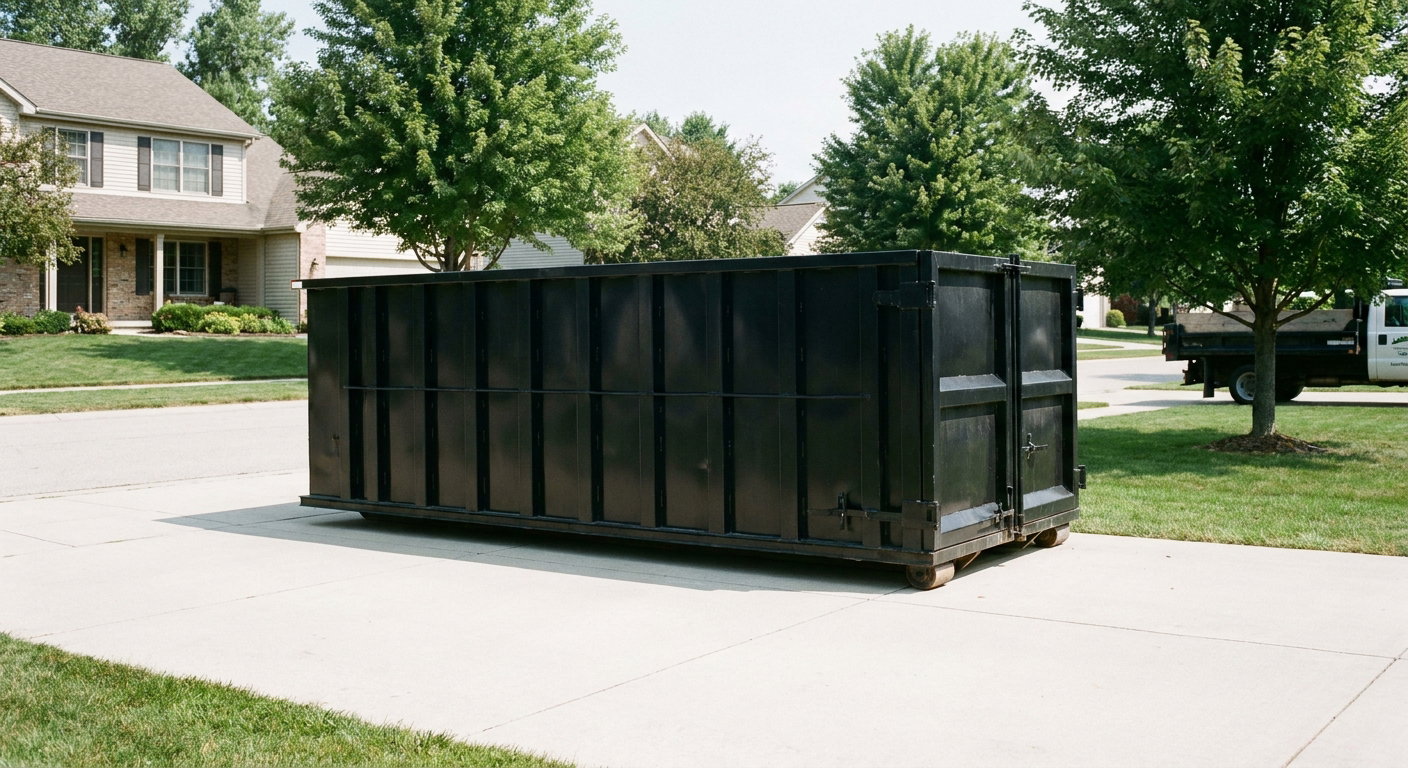 Matte-black 20-yard roll-off dumpster sitting level on a clean Hollywood residential concrete driveway under bright daylight, demonstrating clean placement directly on the concrete.