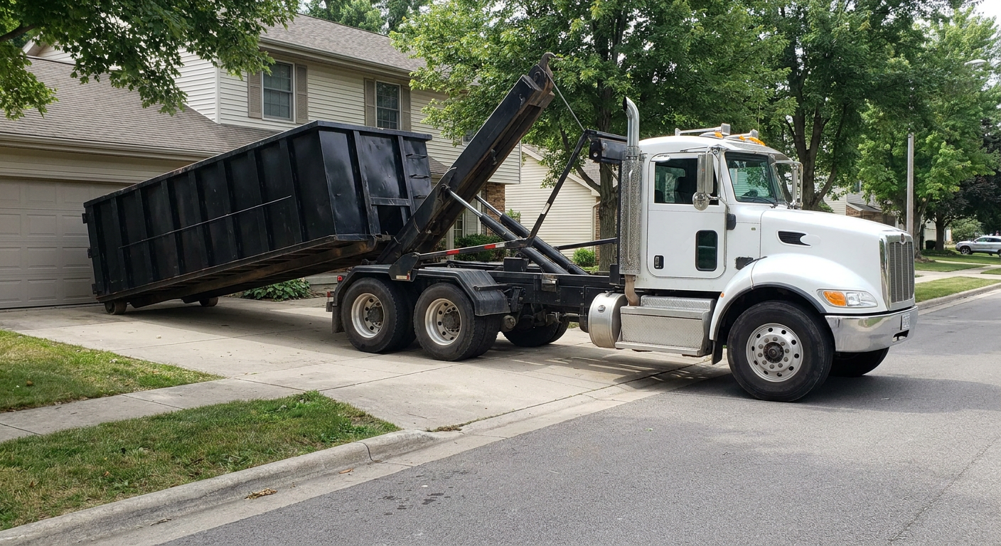 White-cab hooklift roll-off truck actively lowering a matte-black dumpster onto a Hollywood residential concrete driveway, the dumpster's rear wheels touching the driveway as the hoist arm tilts the bed forward, mid-morning daylight.