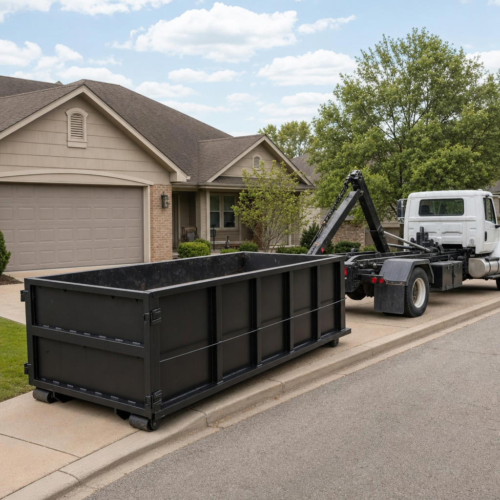 Wide documentary shot of a matte-black roll-off dumpster on a Hollywood residential driveway in the foreground and a contractor jobsite container in the soft-focus background, bright daylight, calm and orderly composition.