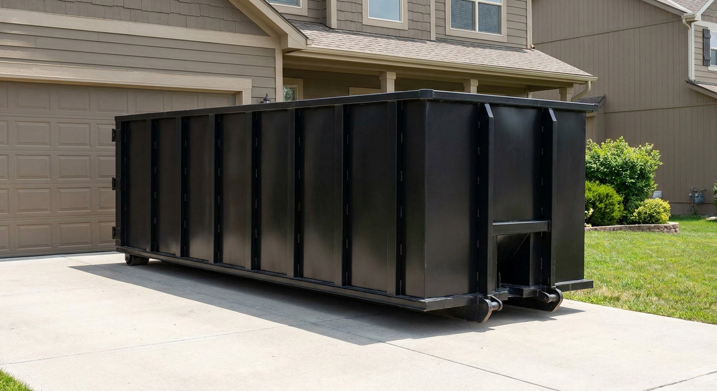 Matte-black residential roll-off dumpster sitting directly on a suburban Hollywood concrete driveway, garage door closed, single-family home in background, bright morning daylight.