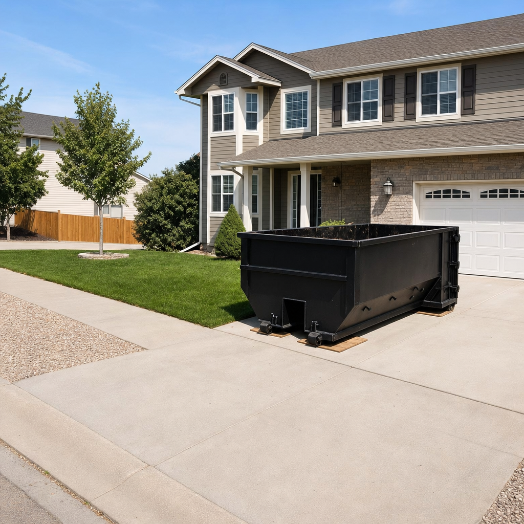 10-yard matte-black residential dumpster placed directly on a narrow Hollywood concrete driveway, room remains for a parked sedan beside it, mid-morning natural light