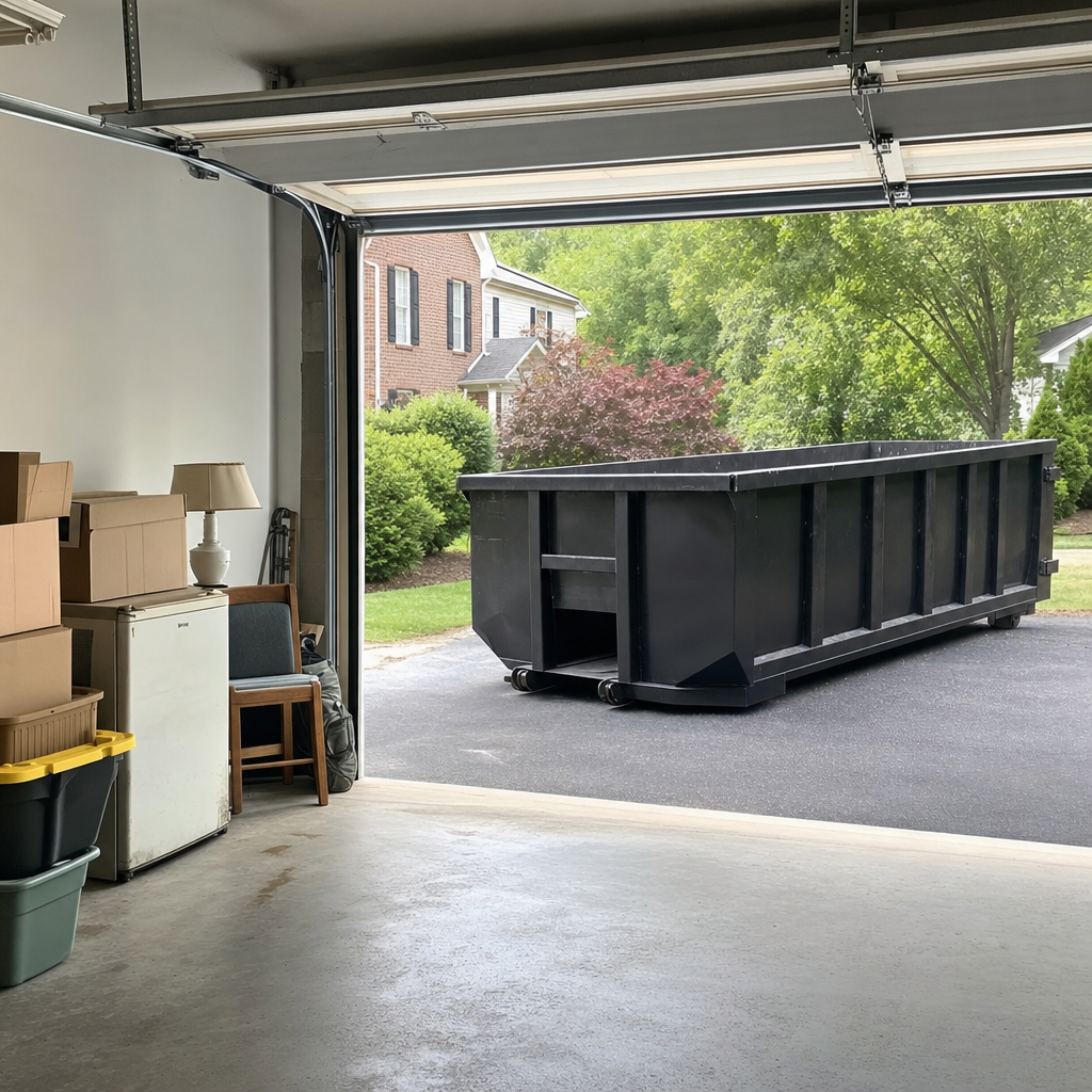 Open garage interior in a Hollywood home mid-cleanout — boxed items, an old appliance, and stacked yard tools queued near the driveway for a matte-black roll-off dumpster, organized and calm