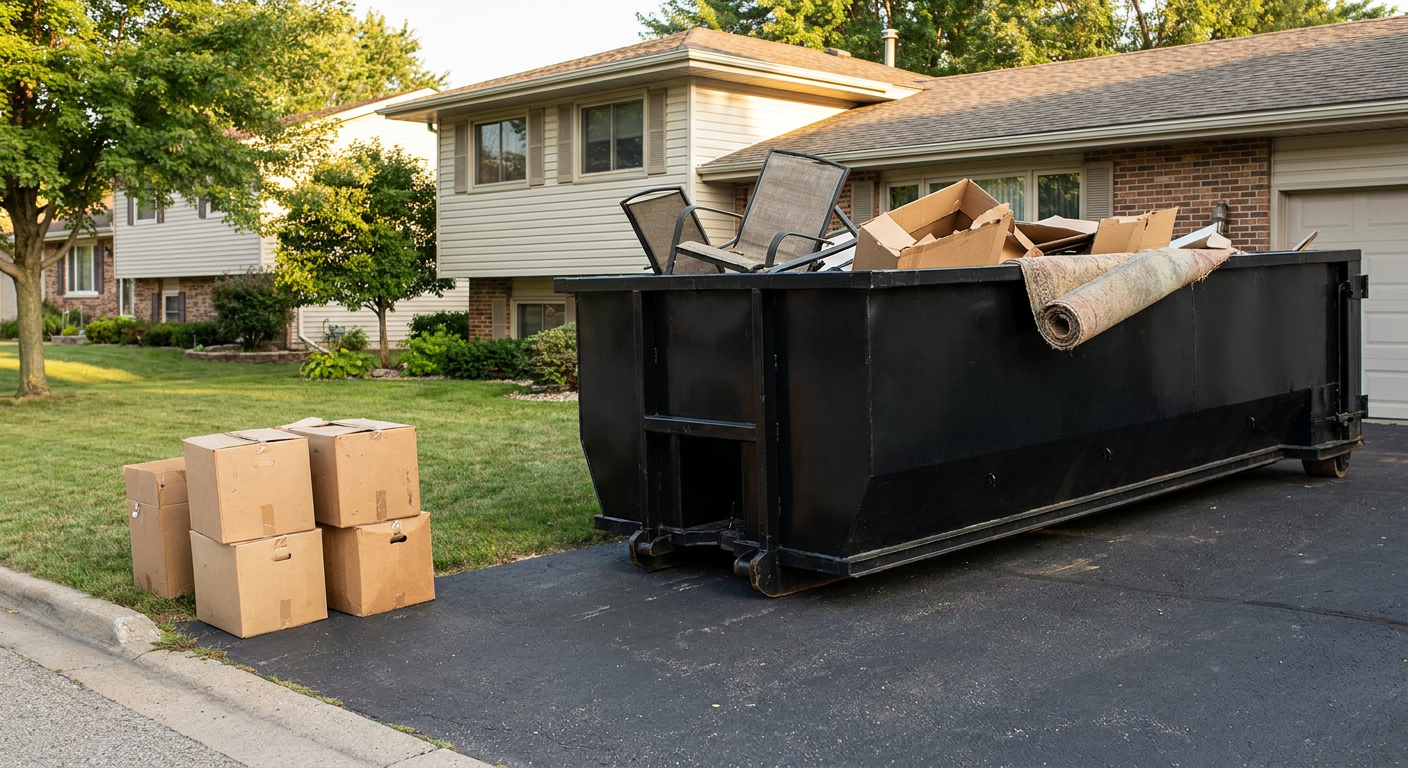 Front-yard view of a Hollywood split-level home with a 20-yard matte-black roll-off dumpster sitting directly on the asphalt driveway, a few clearly labeled donation boxes staged at the curb, calm sunny afternoon.