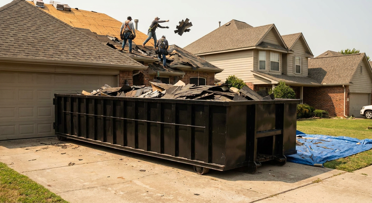 Matte-black roofing roll-off dumpster placed directly on a Hollywood residential concrete driveway, a tear-off crew on a two-story asphalt-shingle roof tossing shingle bundles into the low-walled container, bright daylight, documentary 35mm perspective.