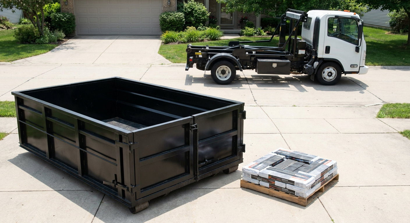 Matte-black 15-yard roofing roll-off dumpster with reinforced low side walls sitting directly on a Hollywood residential concrete driveway, three-tab asphalt shingle bundles stacked nearby, an unmarked white hauler truck partially visible at the edge of the frame.