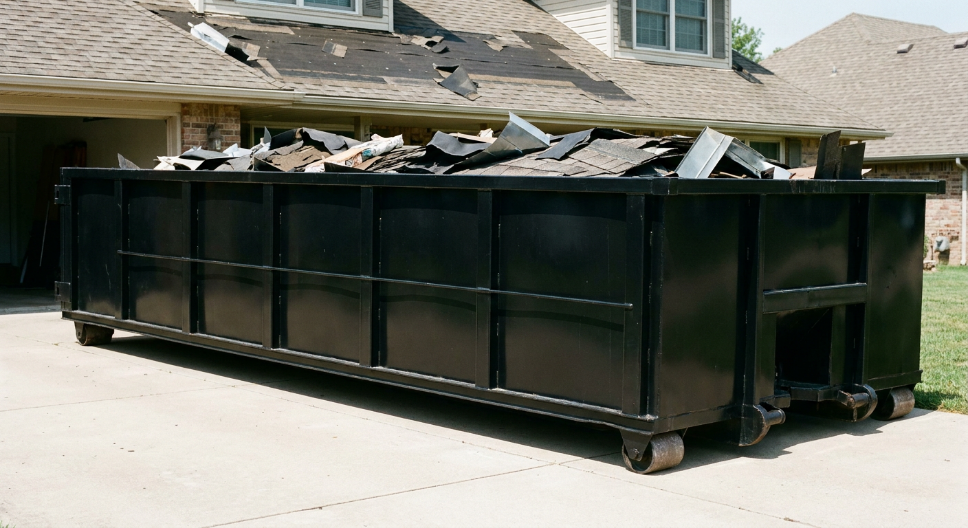 Matte-black 20-yard roofing roll-off dumpster with steel ribbed sides and swinging rear door, sitting directly on the concrete driveway of a two-story Hollywood home, asphalt shingle debris being loaded over the low wall, clean documentary lighting.