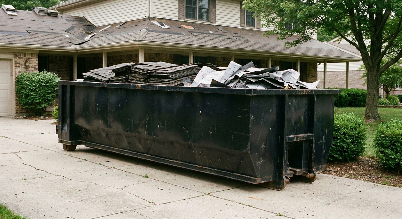 Matte-black 30-yard roofing roll-off dumpster sitting directly on a Hollywood concrete driveway, taller ribbed steel side panels, mixed tear-off debris of asphalt shingles and underlayment inside, professional documentary daylight.