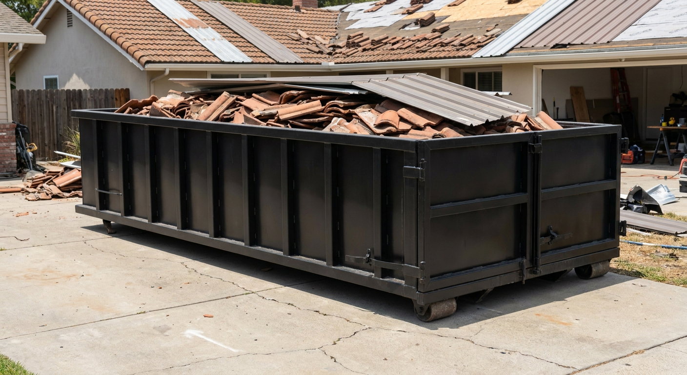 Matte-black low-wall heavy-debris roofing roll-off dumpster sitting directly on a Hollywood concrete driveway, broken concrete clay roof tiles and metal panel sections loaded inside, reinforced ribbed steel side walls visible, bright outdoor daylight.