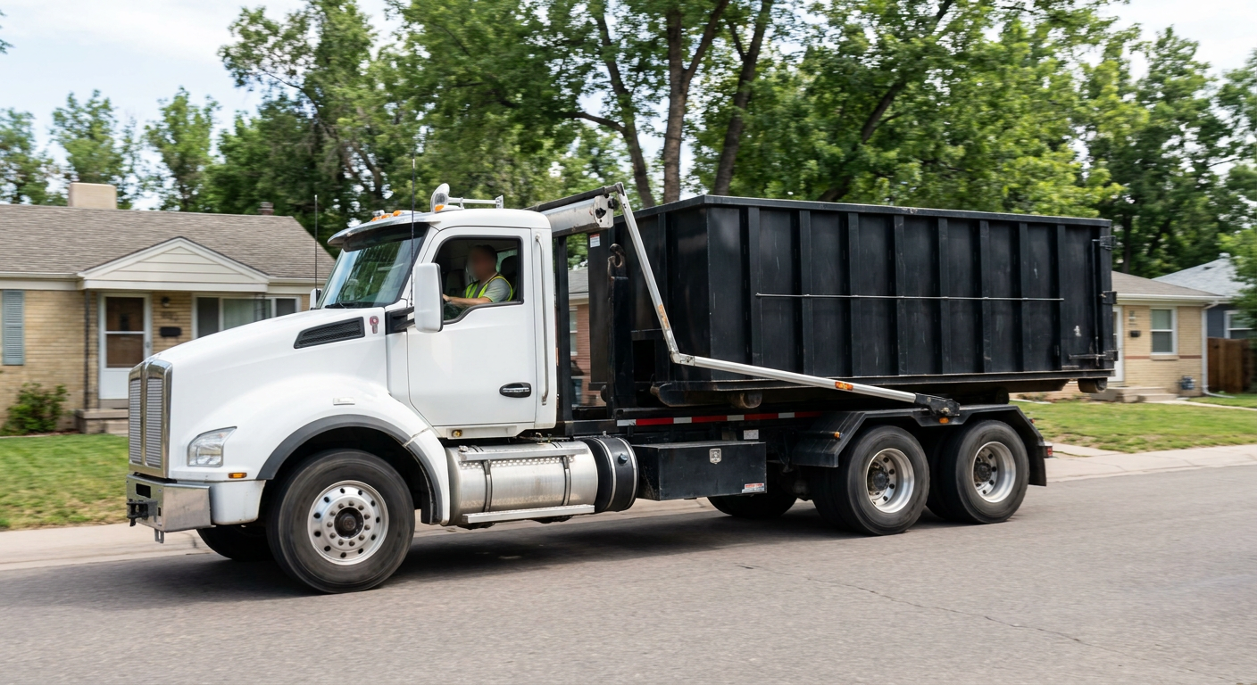 A wide documentary shot of a matte-black roll-off delivery truck pulling onto a quiet Hollywood residential street at mid-morning, with neighborhood rooftops and tree-lined blocks visible behind, showing the metro coverage footprint.