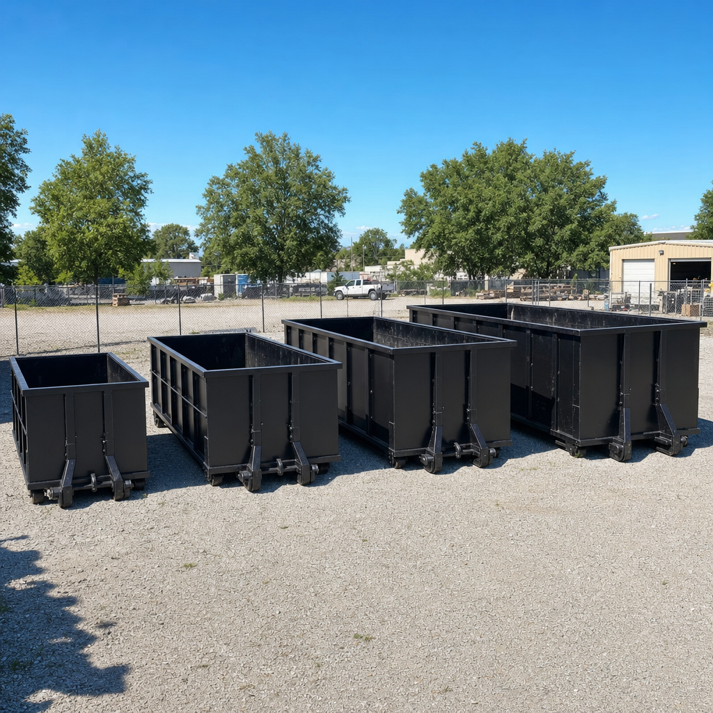 A clean lineup of matte-black roll-off dumpsters in 10, 20, 30, and 40-yard sizes staged on a sunlit gravel yard in Hollywood, showing the size progression from compact to commercial-scale containers.