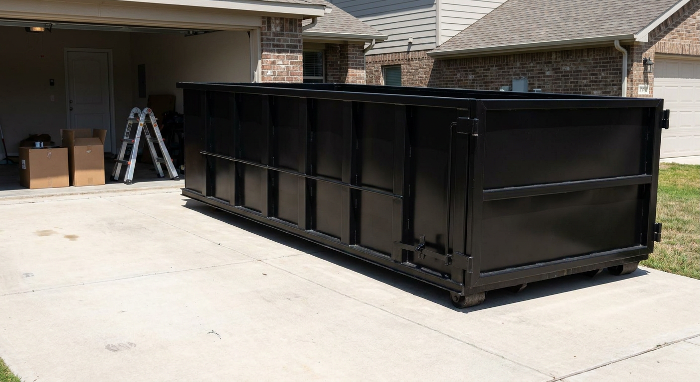 A matte-black 10-yard roll-off dumpster sitting directly on a residential Hollywood concrete driveway, mid-day sunlight, clean and ready for a garage cleanout.