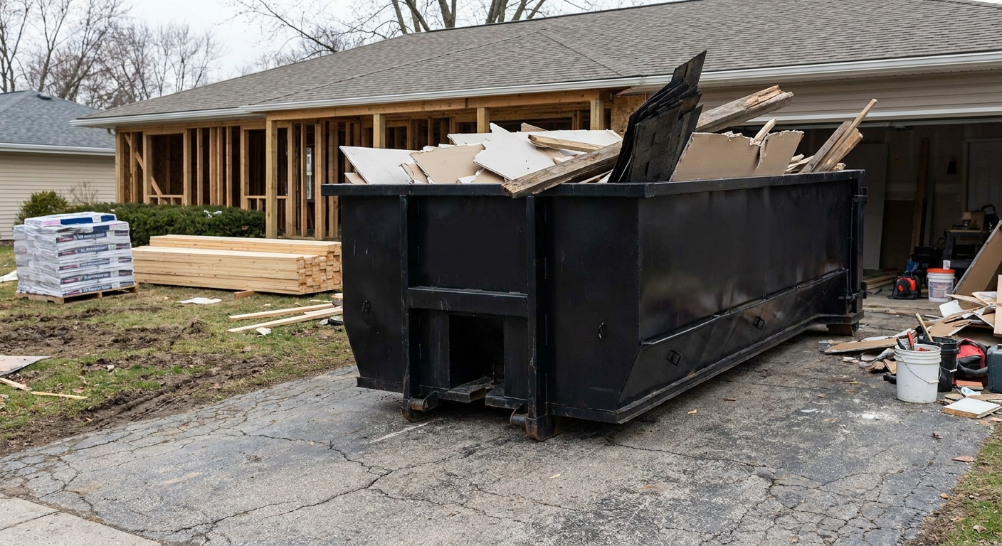 A matte-black 20-yard roll-off dumpster placed alongside a mid-renovation Hollywood home directly on the asphalt driveway, with framing materials and torn-off shingles staged neatly nearby.