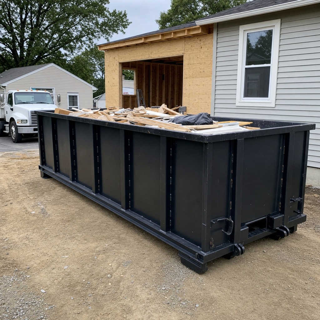 A matte-black 30-yard roll-off dumpster positioned at a Hollywood residential addition jobsite, with framing lumber and drywall scraps loaded through the open swinging rear doors.