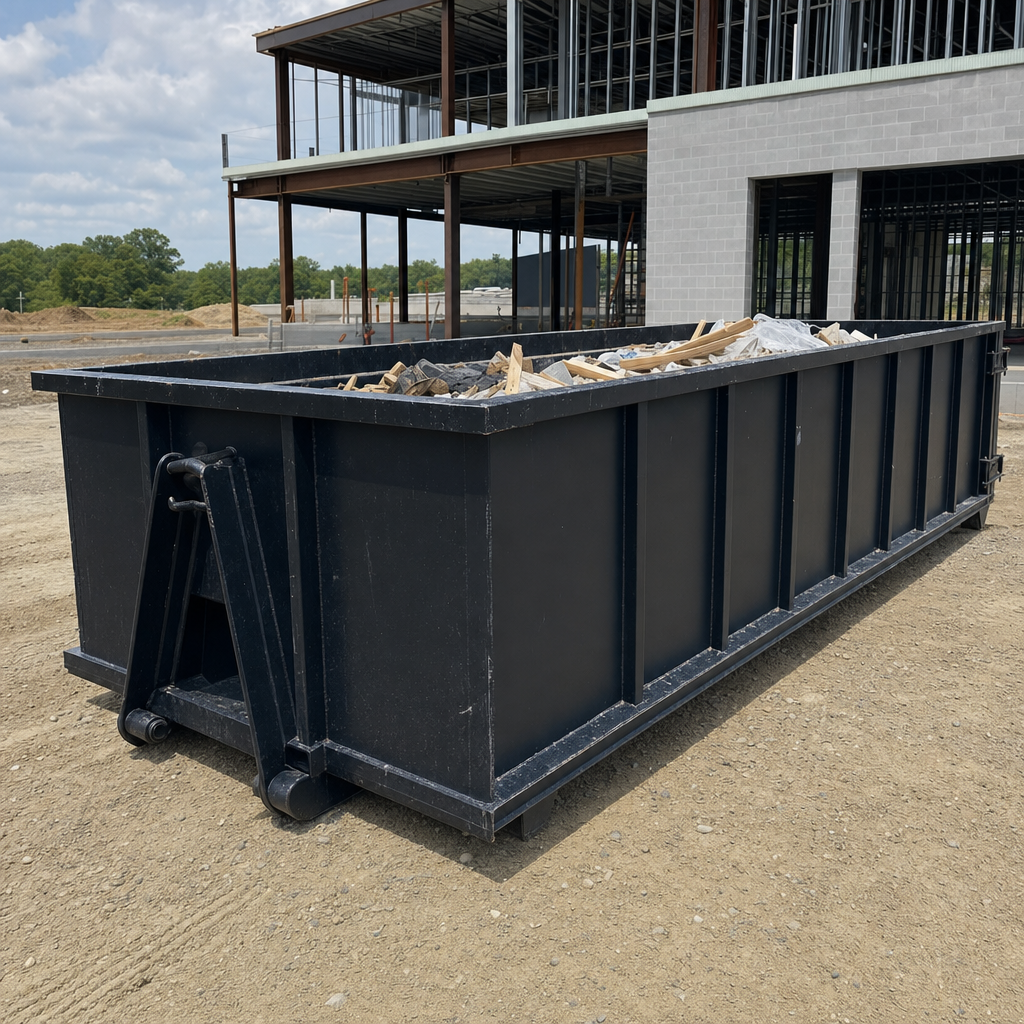 A matte-black 40-yard roll-off dumpster staged on a large Hollywood commercial construction lot, with a hooklift delivery truck parked alongside under bright midday sky.