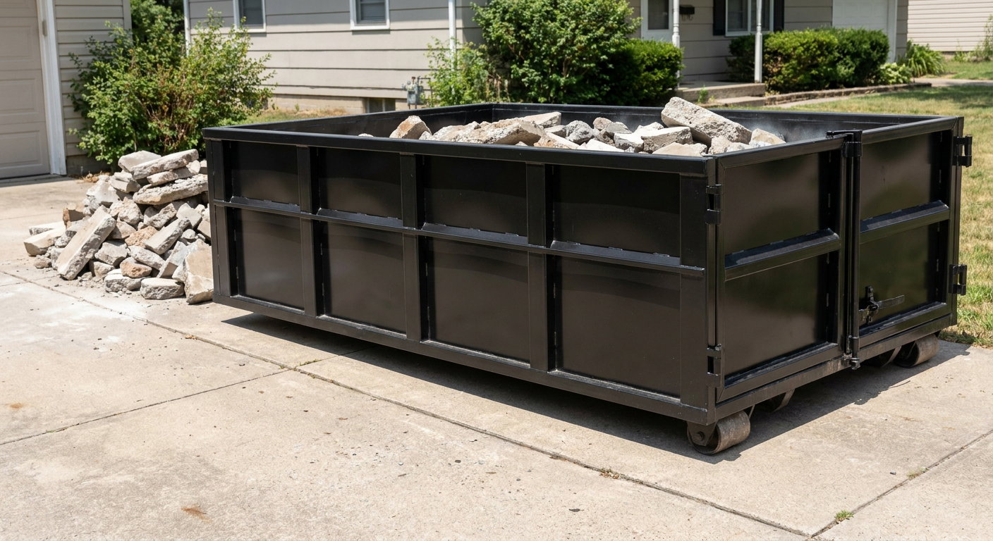 A matte-black low-side heavy-debris roll-off dumpster placed directly on a Hollywood concrete driveway, with broken concrete chunks neatly stacked beside it under clean daylight.